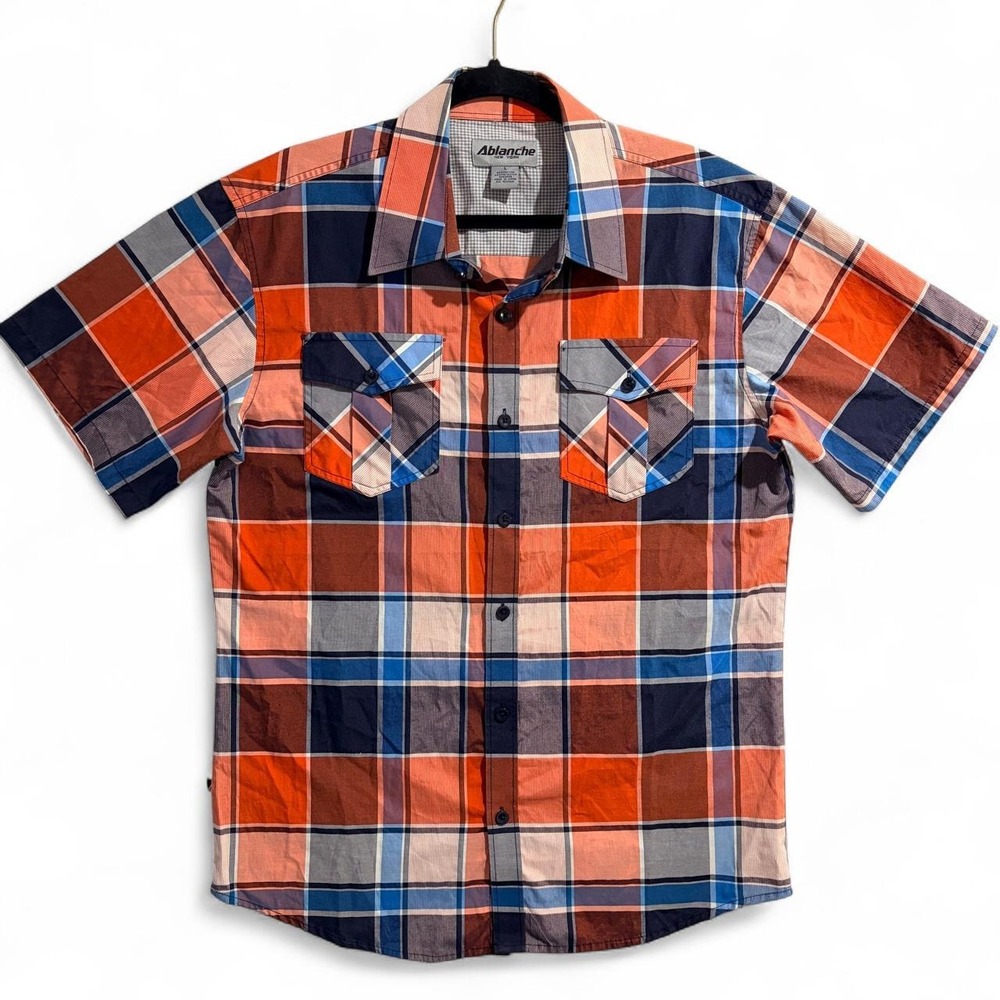Ablanche New York Mens Large Orange Blue Gray Plaid Short Sleeve Button Up Shirt